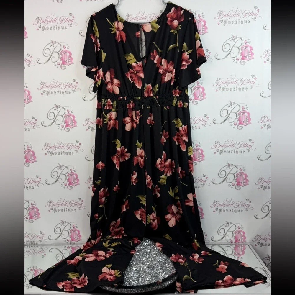 YOINS pants suit jumper romper flowy ruffle sleeve Black Pink Floral Jumpsuit